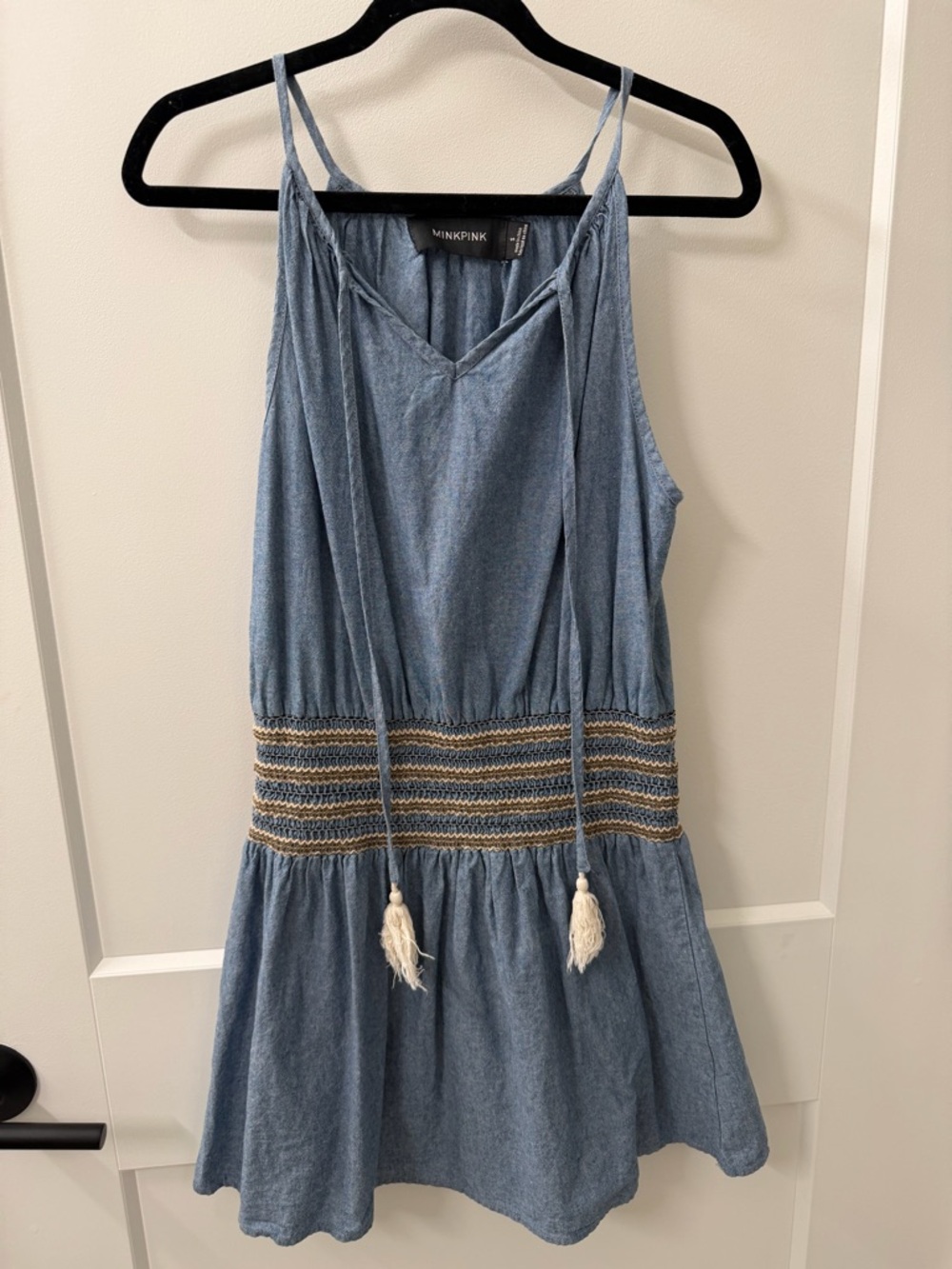MINKPINK Chambray Blue Tassel Smocked Waist mini Sundress